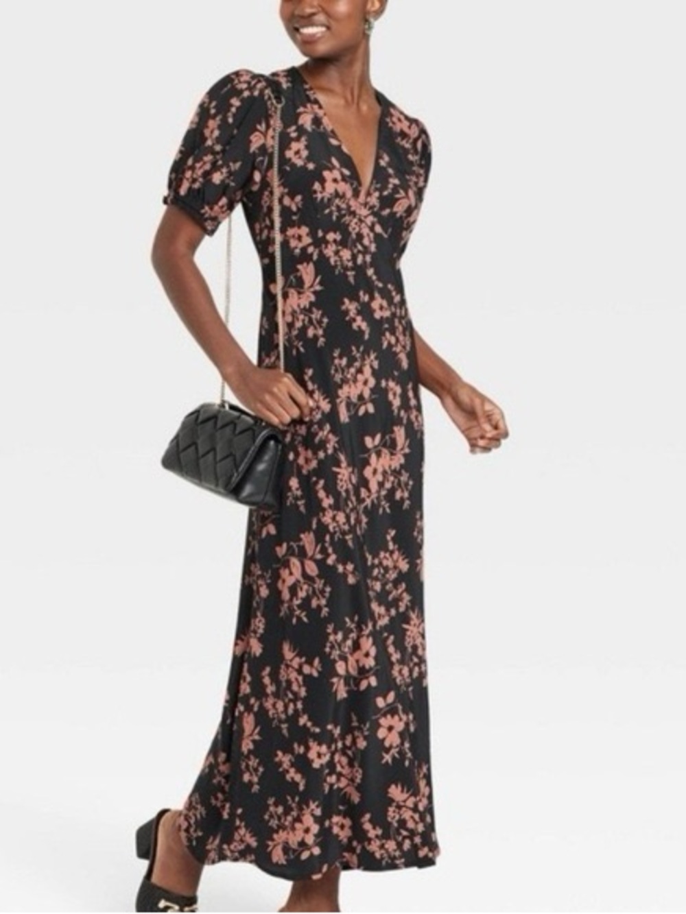 a new day Black Maxi Dress with Pink Floral Print and Puff Sleeves